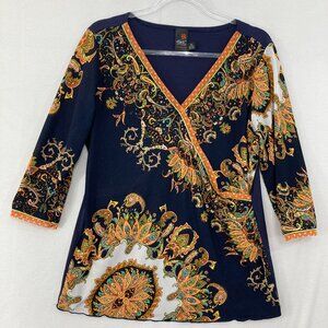 ANAC Top size XL Navy Yellow Boho Artsy Stretch 3/4 Sleeve Festival Vacation